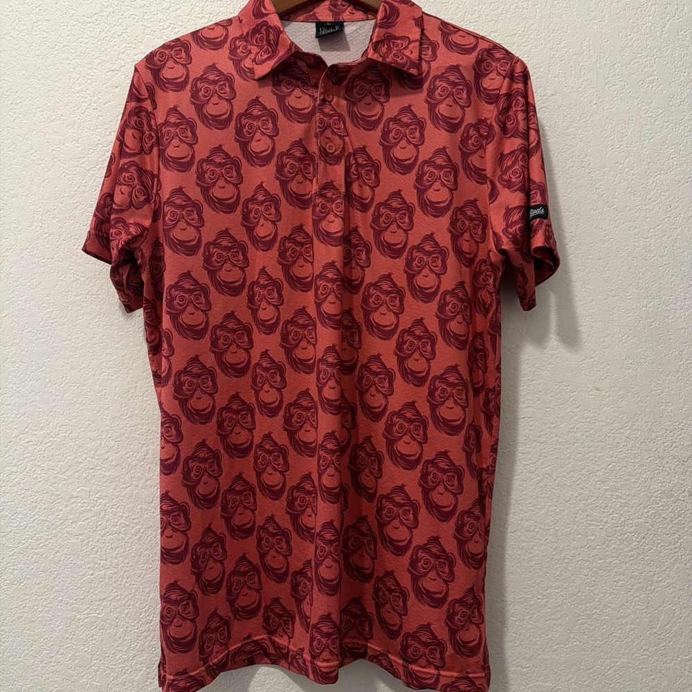 Golf Gods Polo Shirt Mens Lg Red Orange Cheeky Monkey AOP Cool Tech Performance